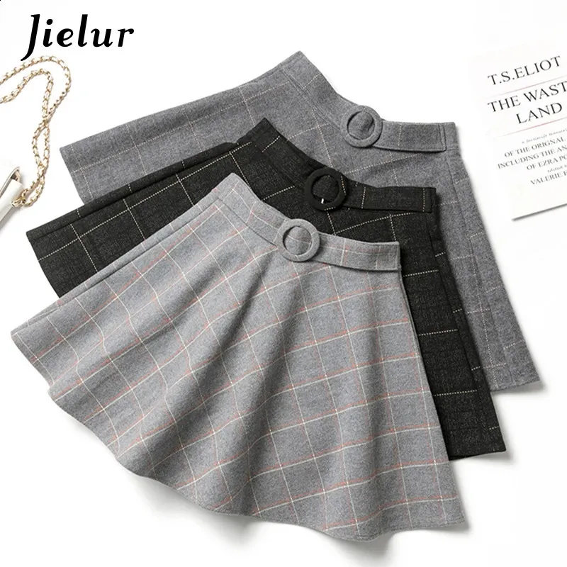 Jielur Plaid Women kjol Winter Slim Black Saia Faldas Chic Mini A-line kjol High Wiast dragkolonkjolar Kvinnor Autumn S-XXL 240318