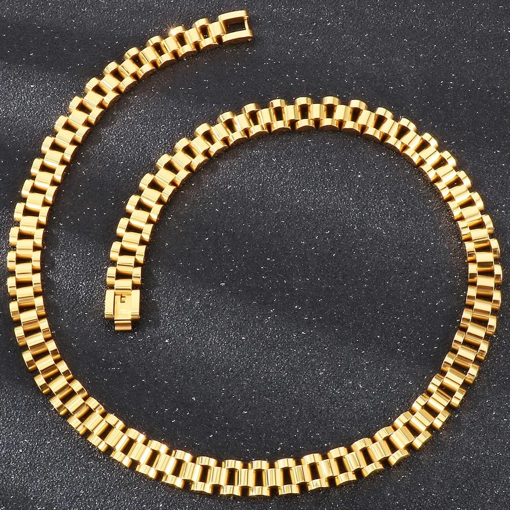 5060CM 10MM Watch Strap Chain Style Necklace For Men Women Gold Color Stainless Steel Choker Necklaces Jewellery Accessories 240313