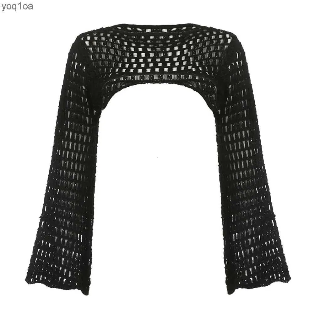 T-shirt femminile Donne Y2K Crochet Knit Hollow Out Crop Top Top Long Direve Shrug Magli di maglione Mesh Ups Cardigan Streetwear Pullover Womenl2403