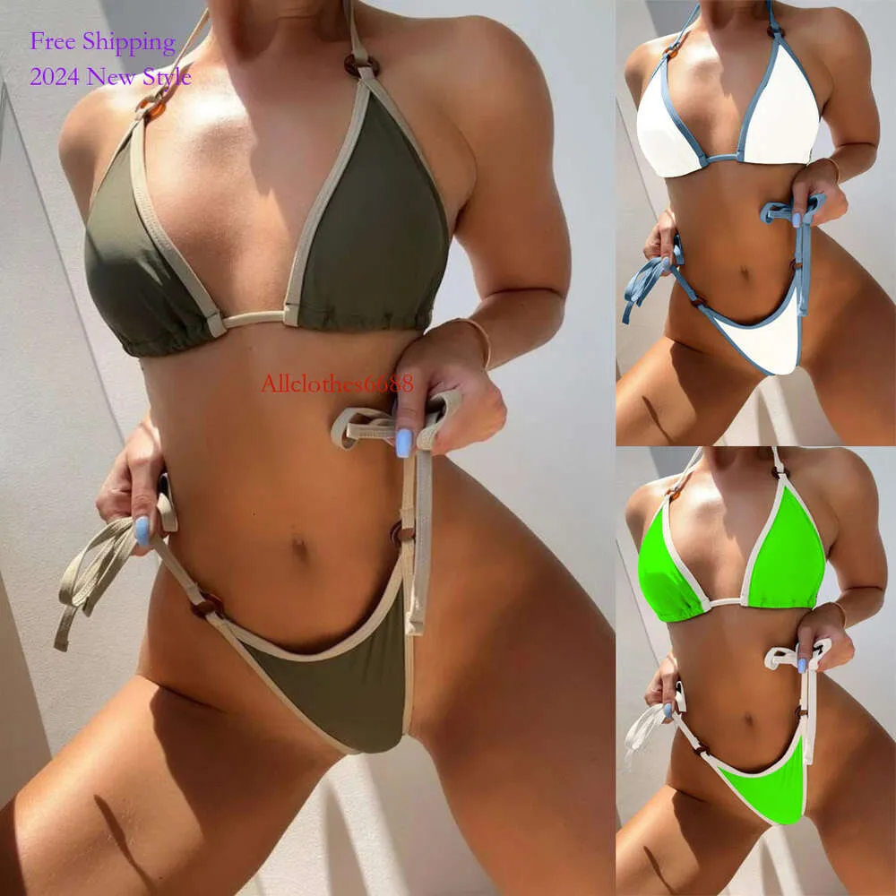 2024 nouveau Sexy couleur unie Bikini femmes maillots de bain mode lettre imprimer Bikini ensemble court tongs fendu Camisole maillot de bain pour femme