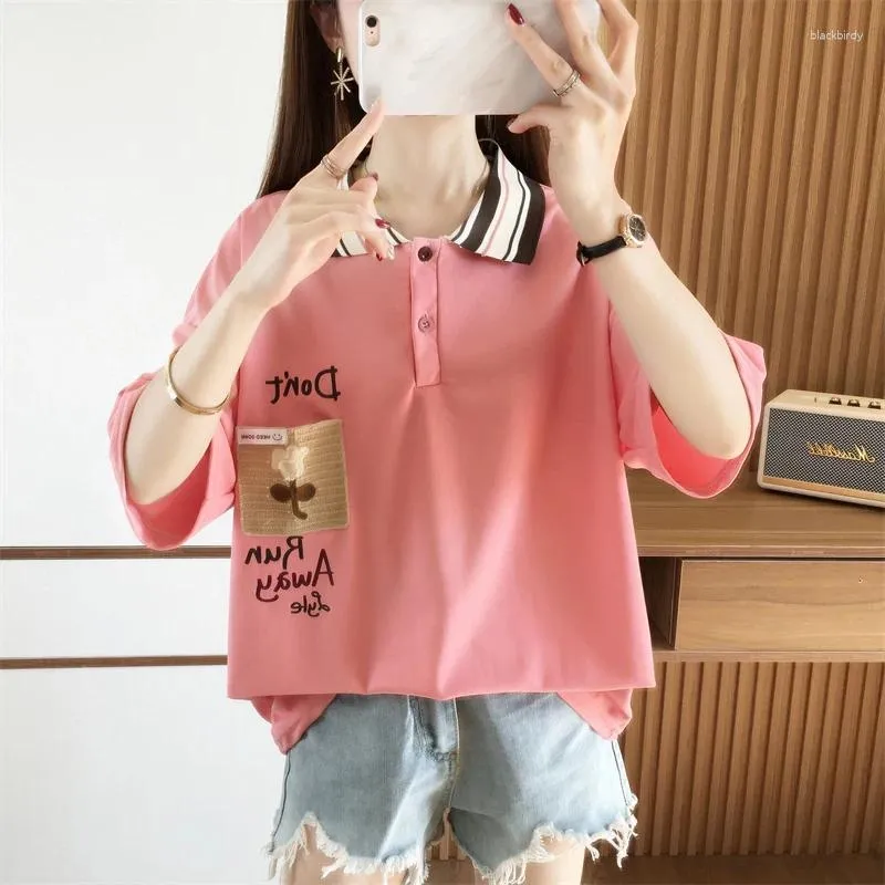 Women's T Shirts Korean Letter Print T-shirts Harajuku 2024 Summer Cotton Loose Shirt Short Sleeve Turn-down Collar Young Girl Y2k Tops