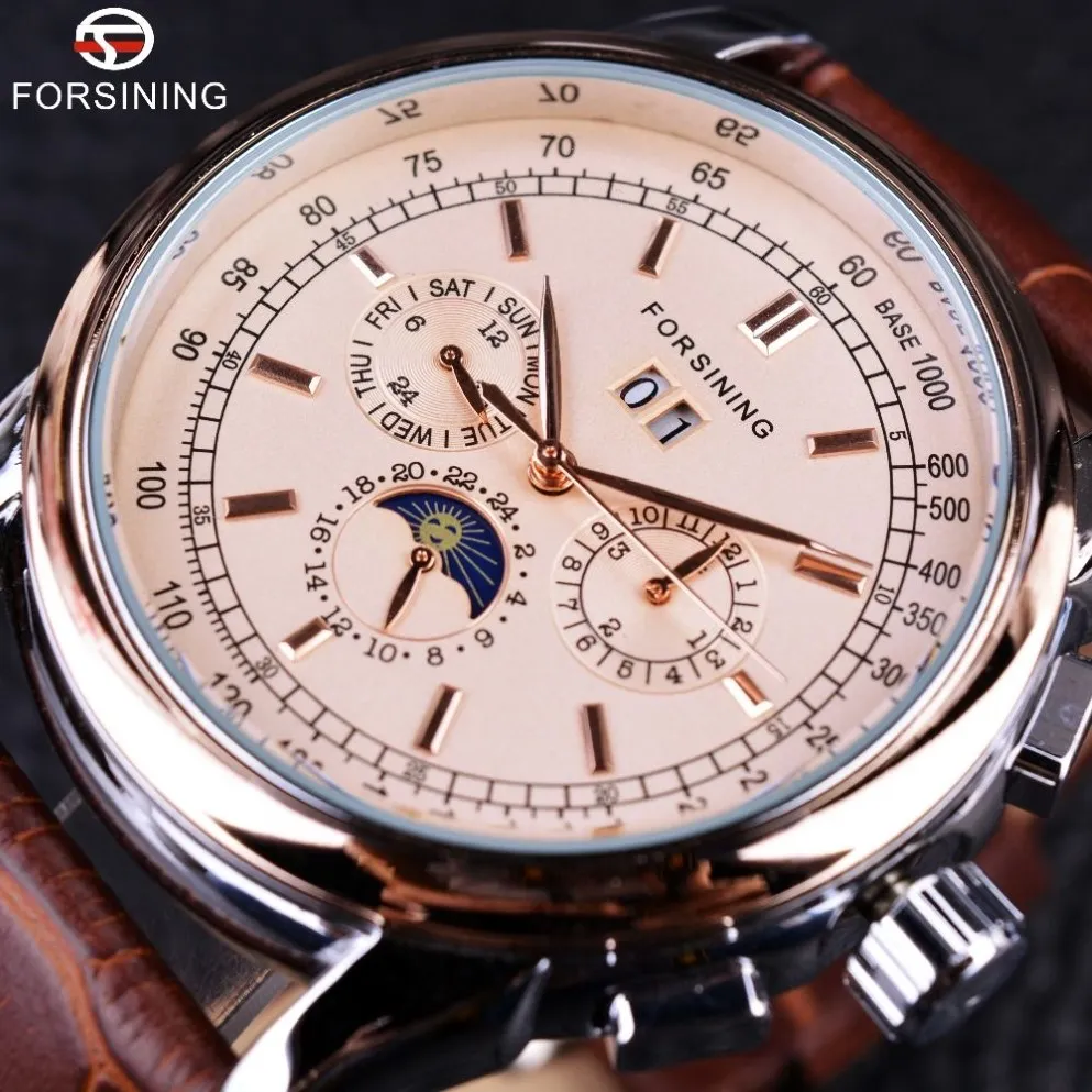 Forsining Moon Phase Shanghai Mouvement Boîtier en or rose Bracelet en cuir véritable marron Montres pour hommes Montre automatique de luxe de marque supérieure Wa243w