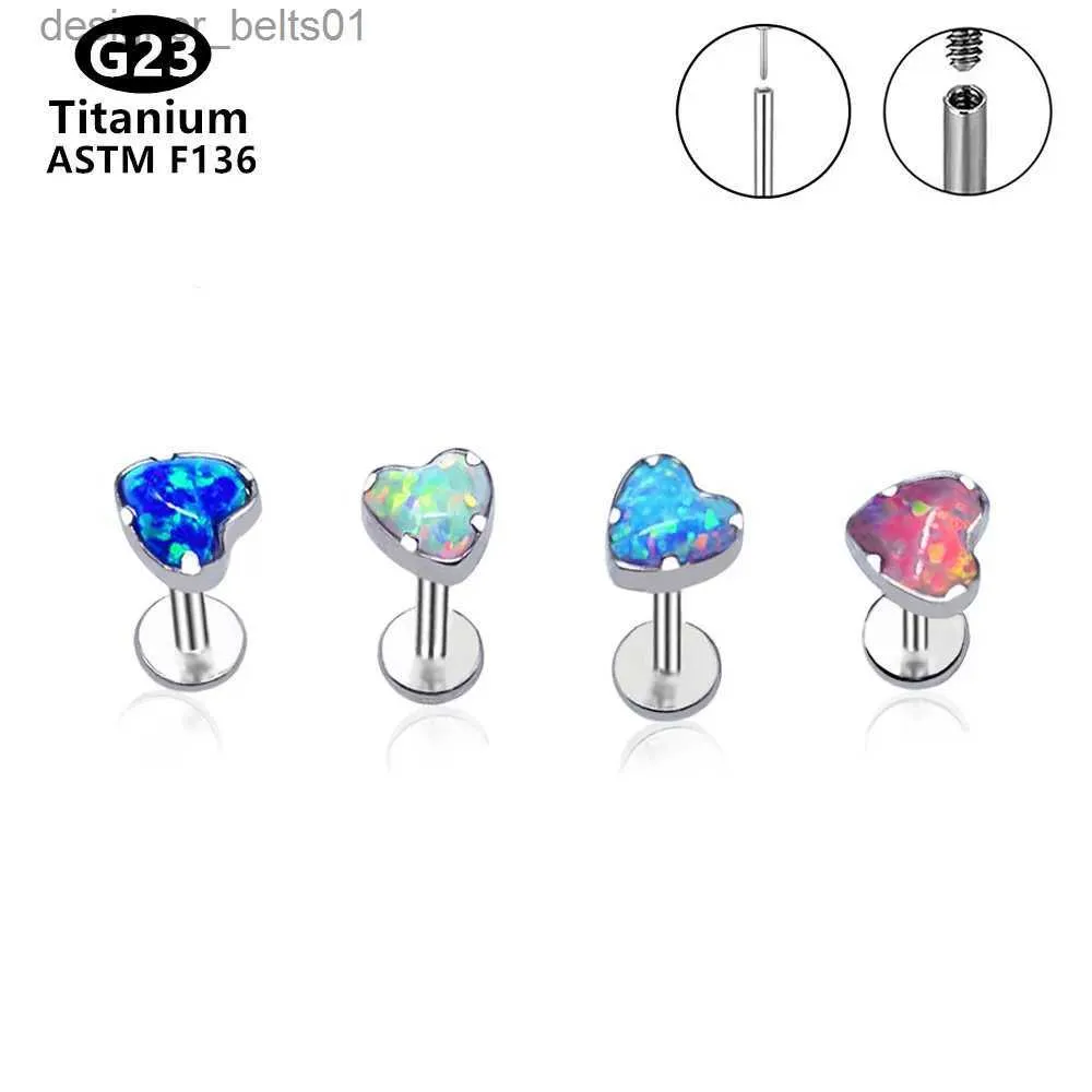 Stud G23 Titanium Exquisite Opal Heart Stud Earrings Labret Lip Studs 16G Internal Thread Ear Cartilage Tragus Helix Piercing JewelryC24319