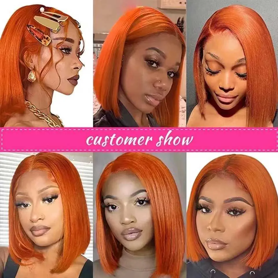 Syntetiska peruker hårstycken NYA 2024 Naturlig komfort Front Spets Bob Wig Orange Kort rakt hår spetshuvudskydd 13 * 4 Wave Head Wig Cover Spets Wig 240328 240327