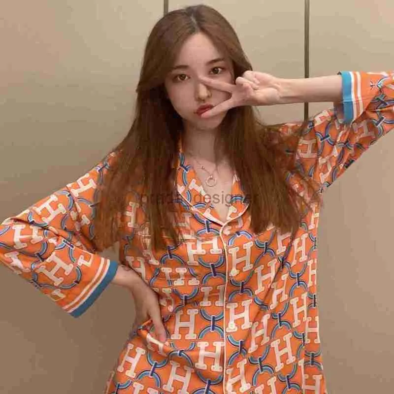 Women's Pajama Designer Printed 9/4 Sleeve Pajama Women's French Light Luxury New Fashion Orange Dress