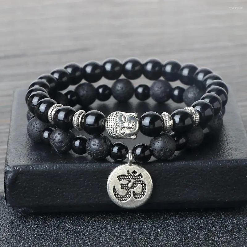 Strand Classic Buddha Natural Stone Bead Bracelet Set Aum Pendant Shiny Black Lava Distance Elastic Bangle Chain Pulsera Prayer Jewelry