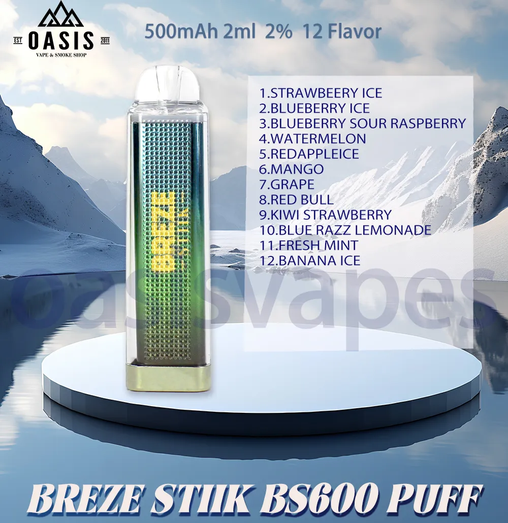 Originele BREZE STIIK BS600 Bladerdeeg Wegwerp E-sigaret Vaper Bar 600 Bladerdeeg Batterijvermogen 500mAh Niet oplaadbaar 2ml 12 Smaken Vape Pen