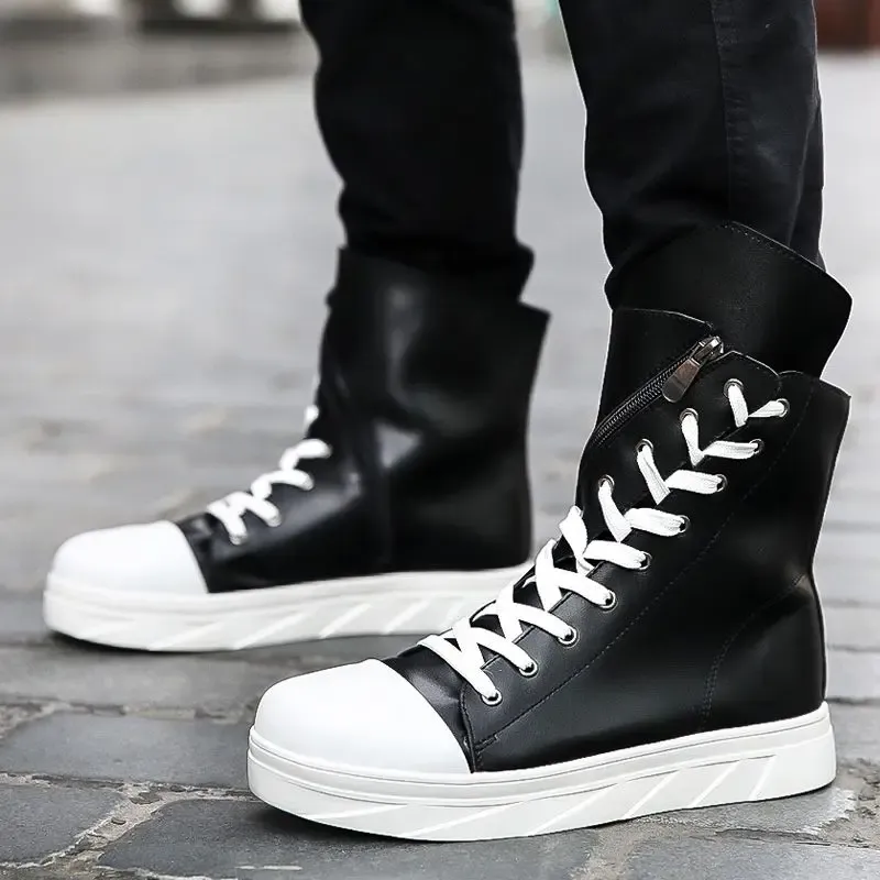 Stövlar Autumn Men Ankle Boots Leather High Top Shoes Cool Fashion Zip och Laceup Flats Sneakers Bekväma manliga casualskor Loafers