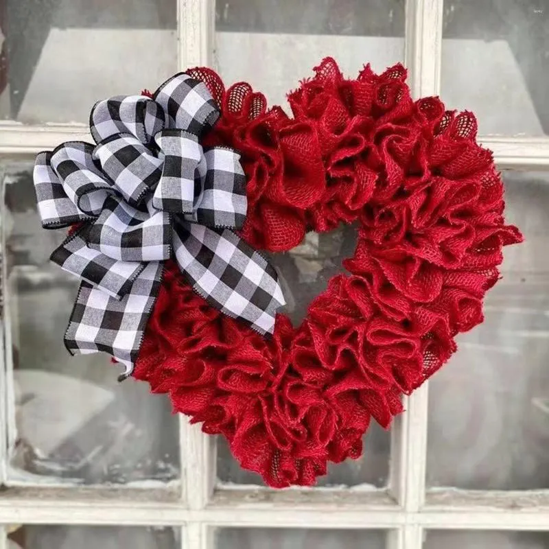 Decorative Flowers Red Heart Shaped Wreath 5.7in Plaid Bowknot Front Door Artificial Garland For Home Farmhouse Decoration