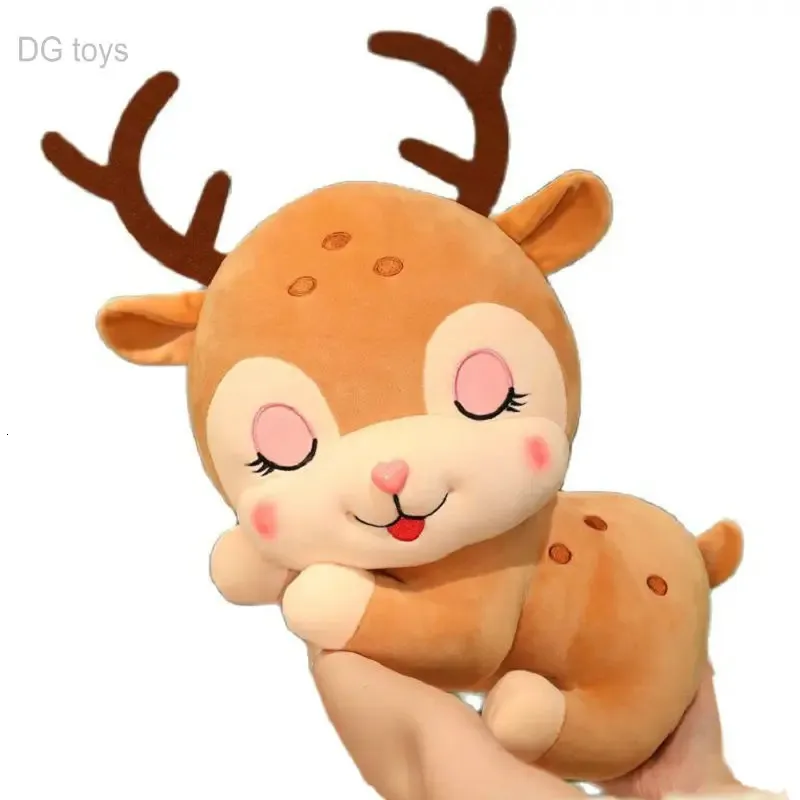 Sevimli yüz yumuşak sika geyiği peluş oyuncak doldurulmuş karikatür hayvanlar uyuyan elk yalancı yastık yastık Noel hediyesi Bebek kız için 240304