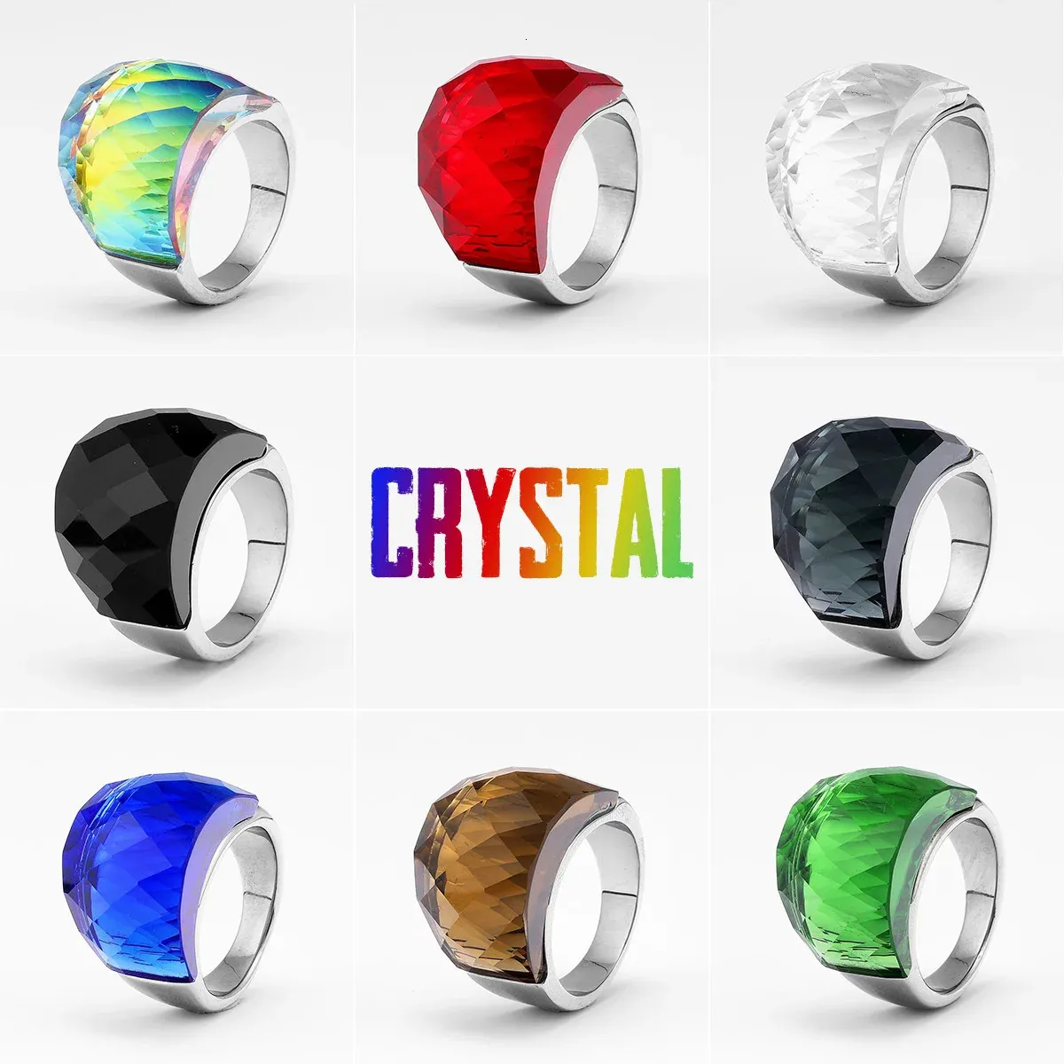 Multicolor Luxury Glass Crystal Men Rings Stainless Steel Women Jewelry Punk Rock Cool Stuff Fashion Accessories Gift Wholesale 240313