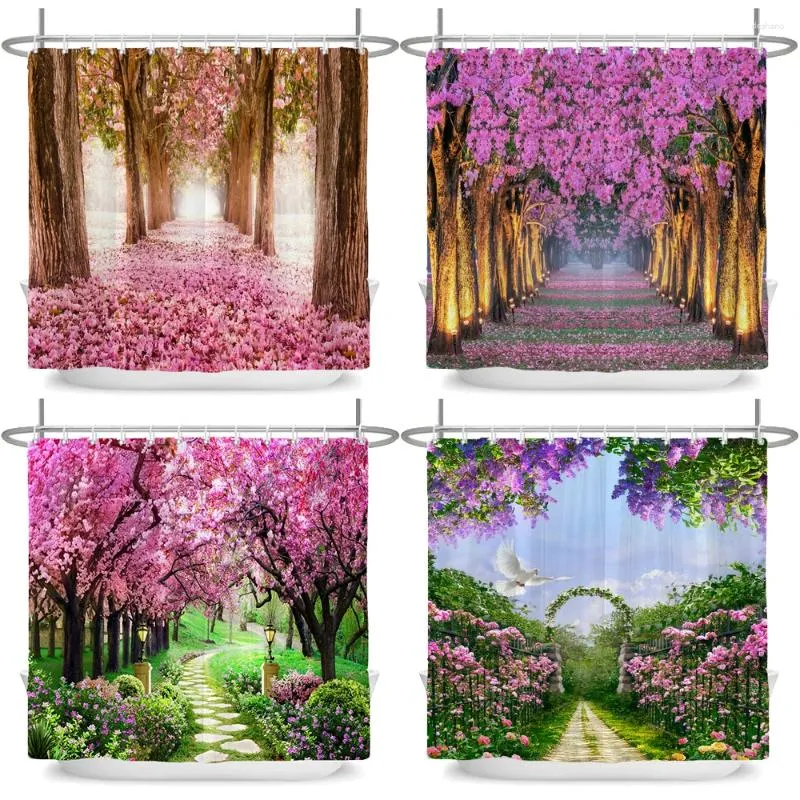 Rideaux de douche fleurs rurales paysage rideau onirique arbre en fleurs maison baignoire décor imperméable Polyester salle de bain