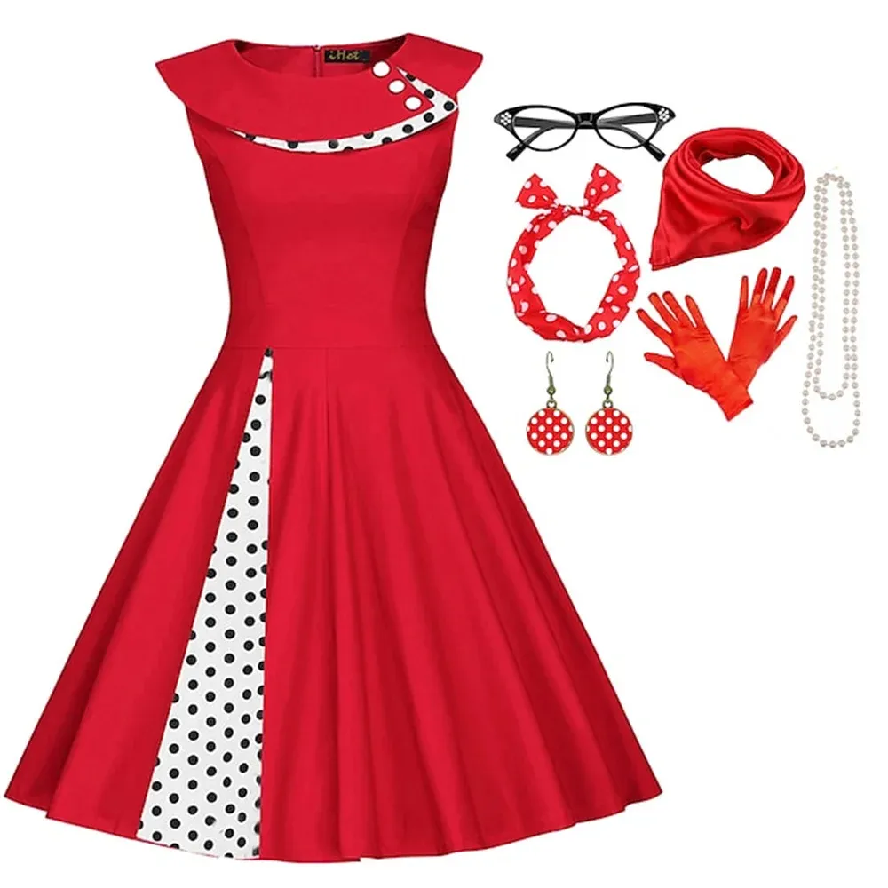 Jaren '50 Outfit Flare Jurk 7 Pc's Jaren 1950 Audrey Hepburn Accessoires Set Retro Vintage Swing Jurk Dames Feest Datum Festiva