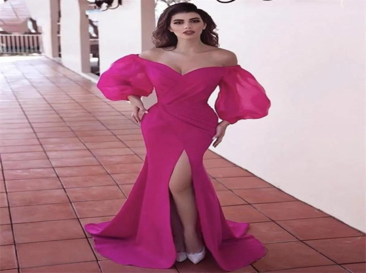 Puffy Long Sleeves Sexy Plus Size Pink Evening Dresses For Women Vneck Satin Side Slit Sweep Train pageant Mermaid Robe De Soiree1291218