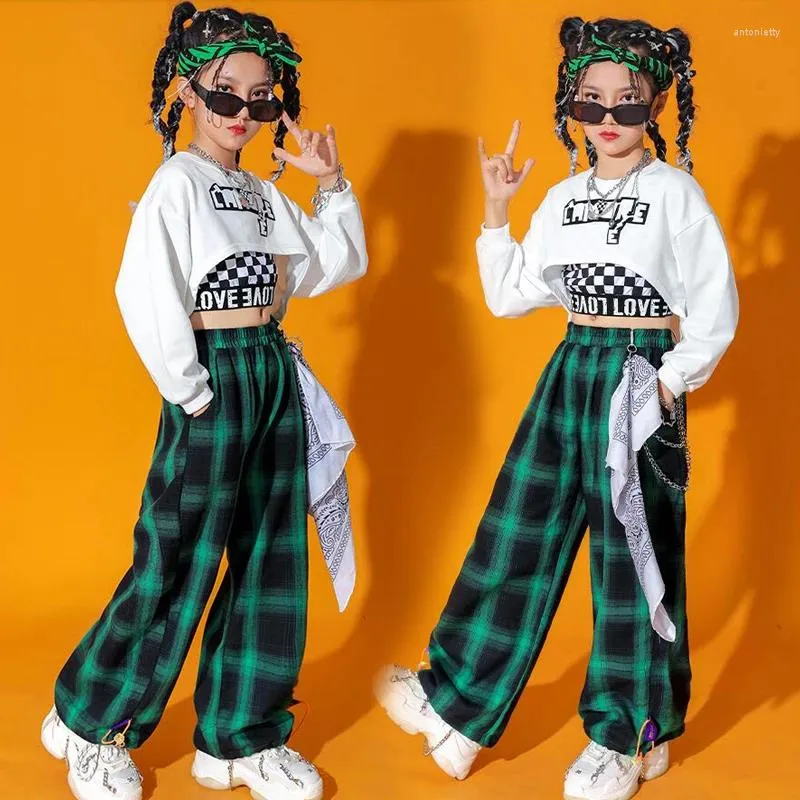 Scene Wear Kids Kpop Hip Hop Clothing White Crop Top Long Sleeve T Shirt Teestreetwear Checkered Pants for Girl Jazz Dance Costume Clothes