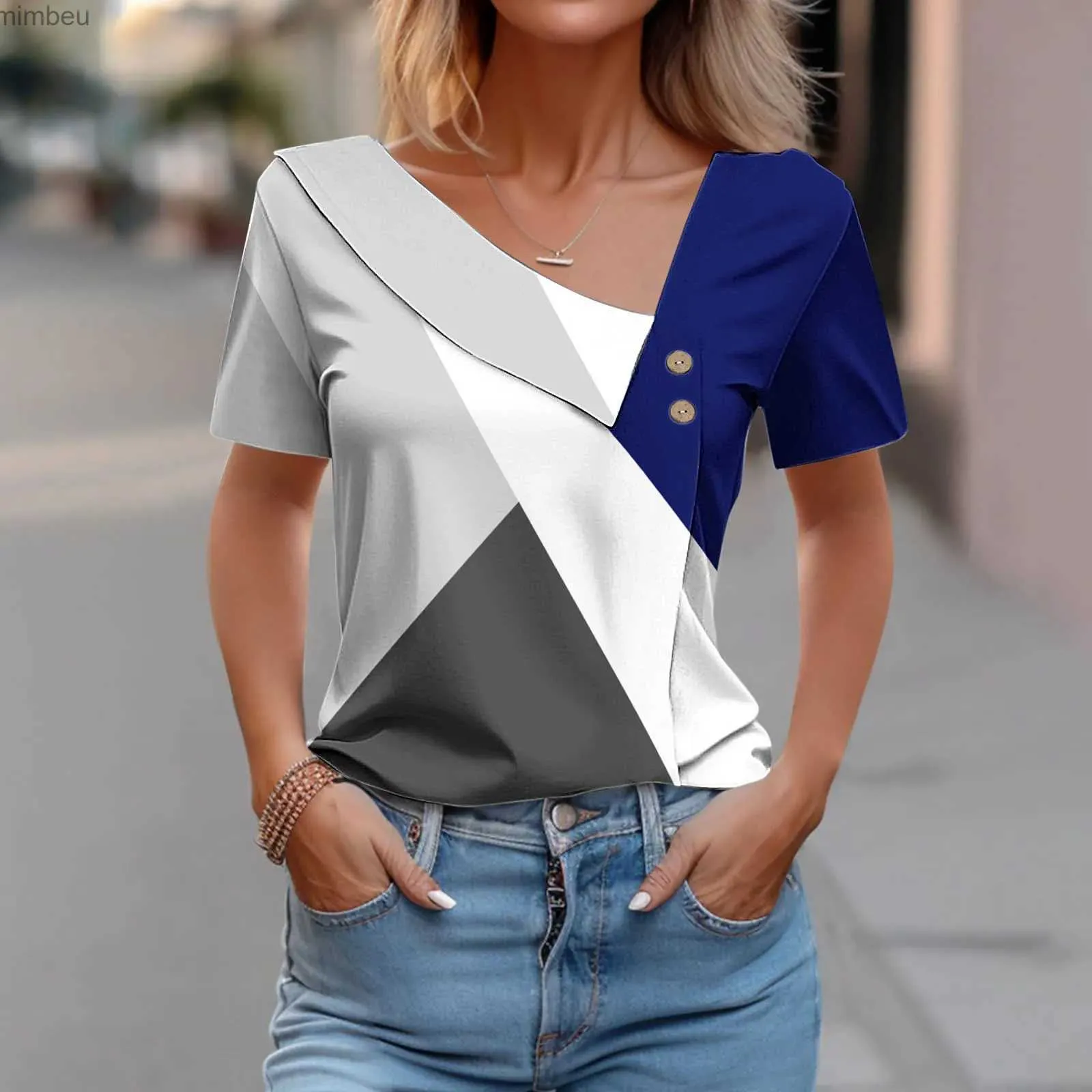 Dames T-shirt Mode Korte Mouw Dames T-shirt 2024 Zomer Diagonale Kraag Knoppen Elegant Office Tops Femme Vrouw Top T-shirt TshirtsC24319