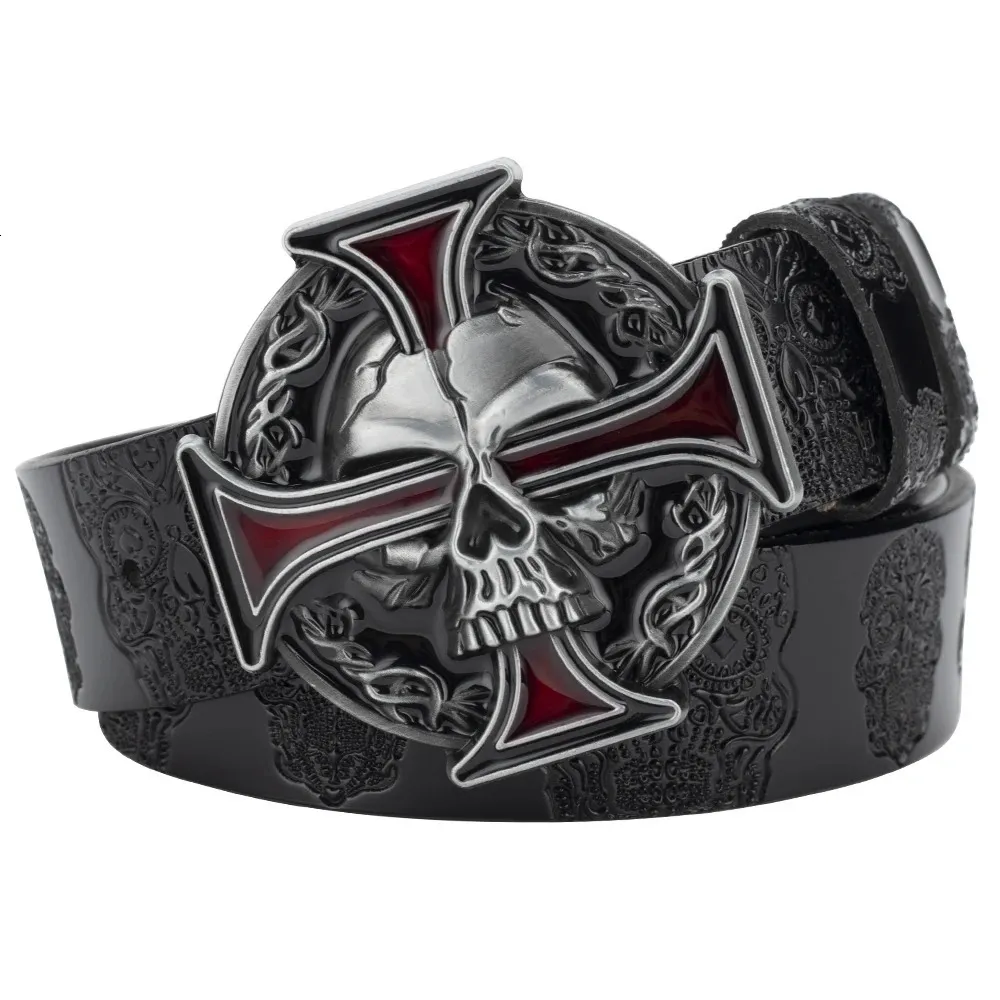 Skull Leather Belt Embossed Pattern Cowskin Fashion Buckle for Men 240311