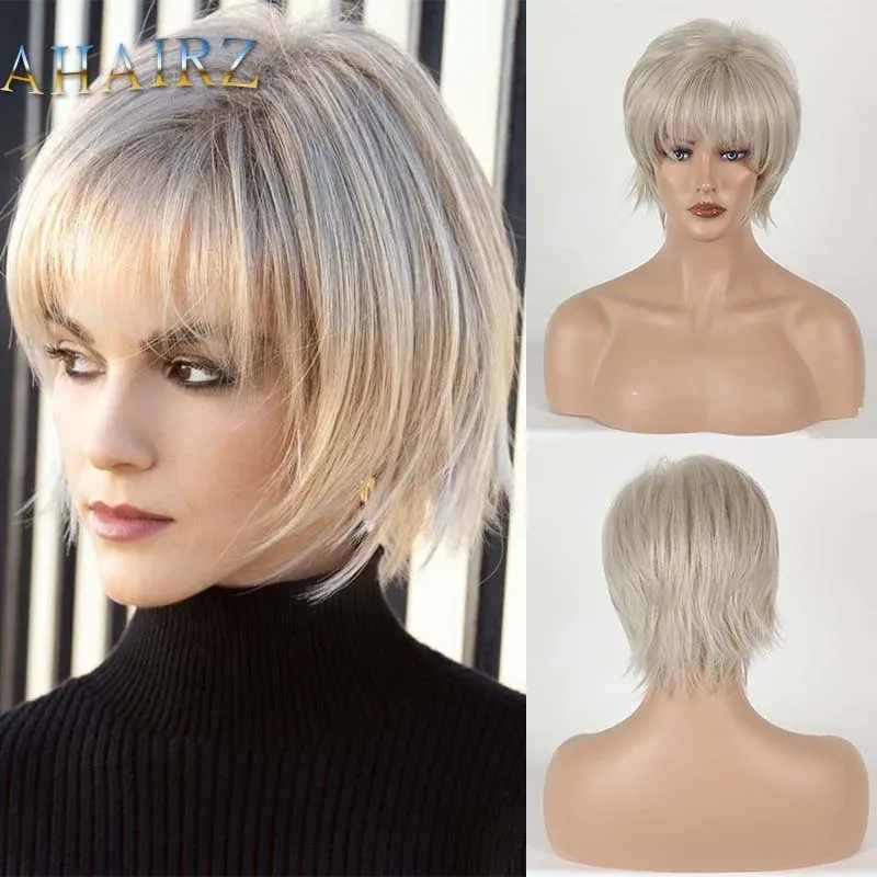 Perruques synthétiques blondes claires avec frange, coupes Pixie, perruques courtes pour femmes, cheveux naturels, perruques de Cosplay maman