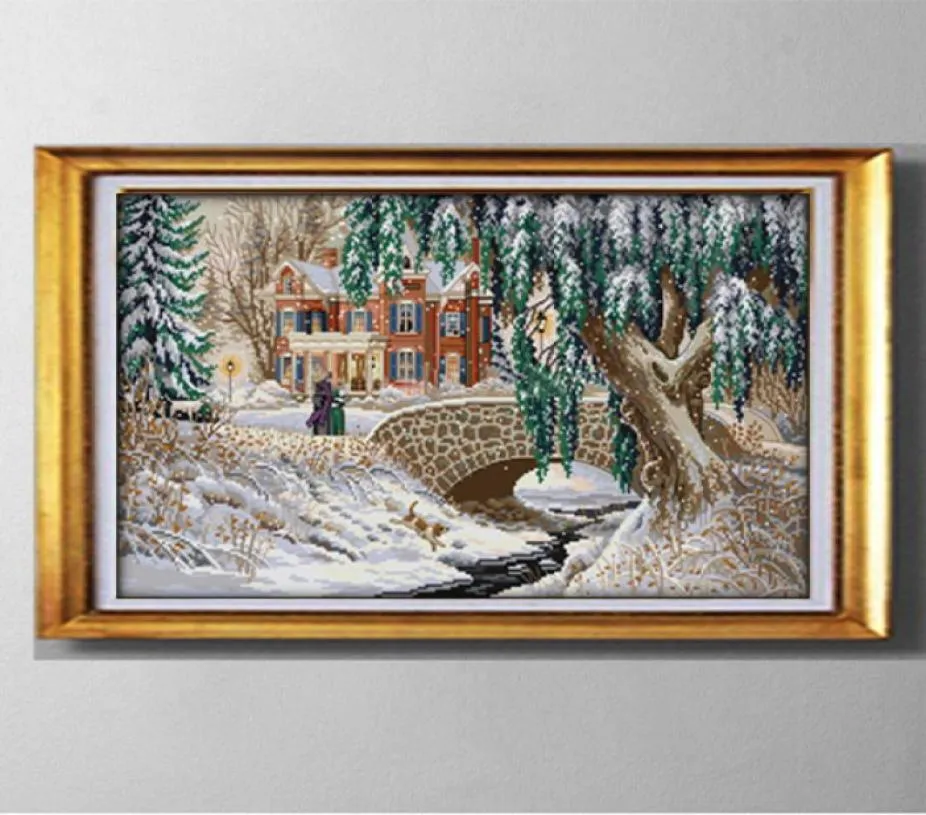 Weihnachten verschneite Landschaft DIY handgefertigte Kreuzstich-Handarbeitssets Stickereigemälde auf Leinwand gedruckt DMC 145239131