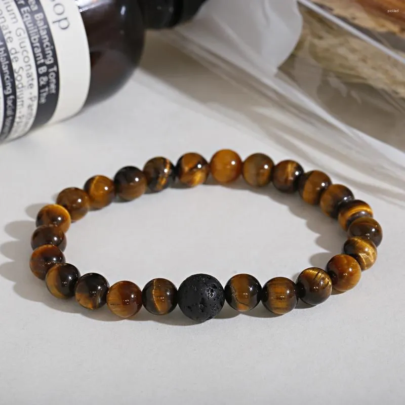 Strand Natural Black Lava Tiger Eye Bead Armband High Quality Stone Round Pärlor Handgjorda Yoga Bangles Elastic Stretch Homme Jewelry