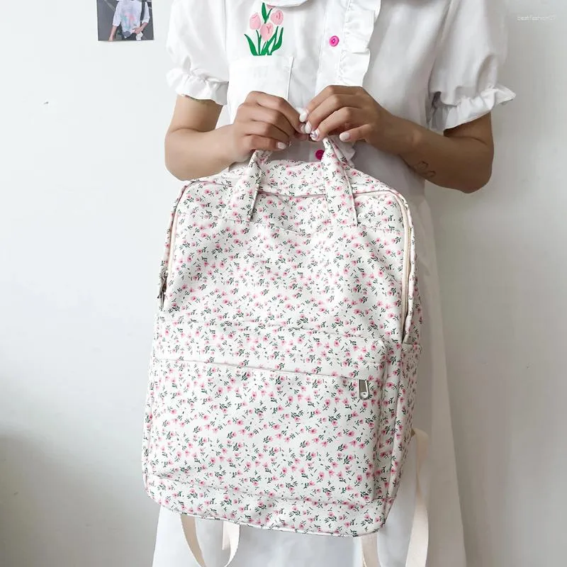 Skolväskor kvinnor enkel blommig ryggsäck stor kapacitet duk blomma bok skolväska justerbar rem elever daglig väska