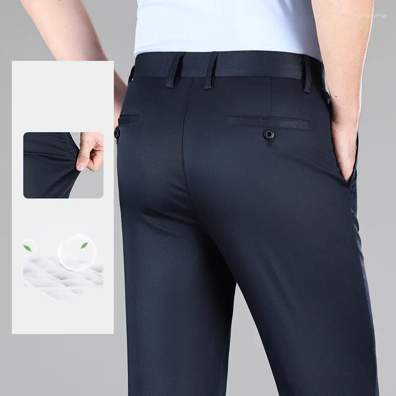 Pantalons pour hommes été décontracté Lyocell Cool Ultra-mince sans fer Anti-rides en vrac affaires droite élastique pantalon marque vêtements
