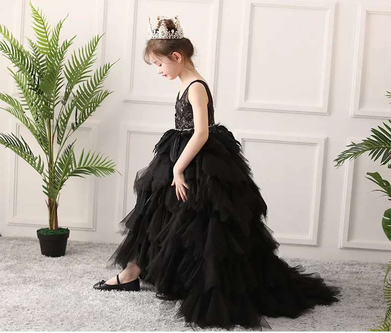 Słodki czarny tiul w v-de-de-neck Applique Flower Girl Dress Girl's Girl's Controsel