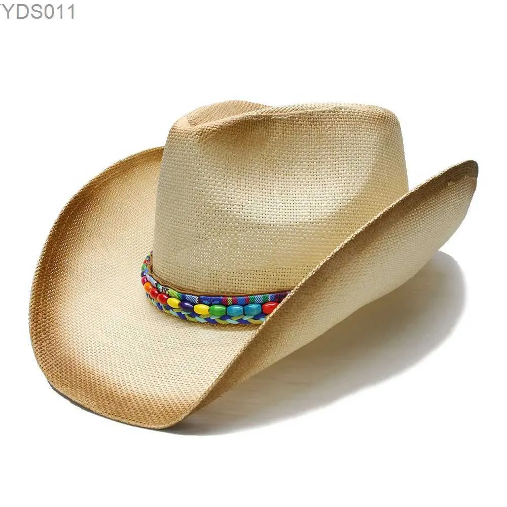 Breda brimhattar hink unisexs Summer Str Beach Western Cowgirl Fedora Cowboy Hat National Style Wood Beads Leather Band (en storlek 58 cm) 240319