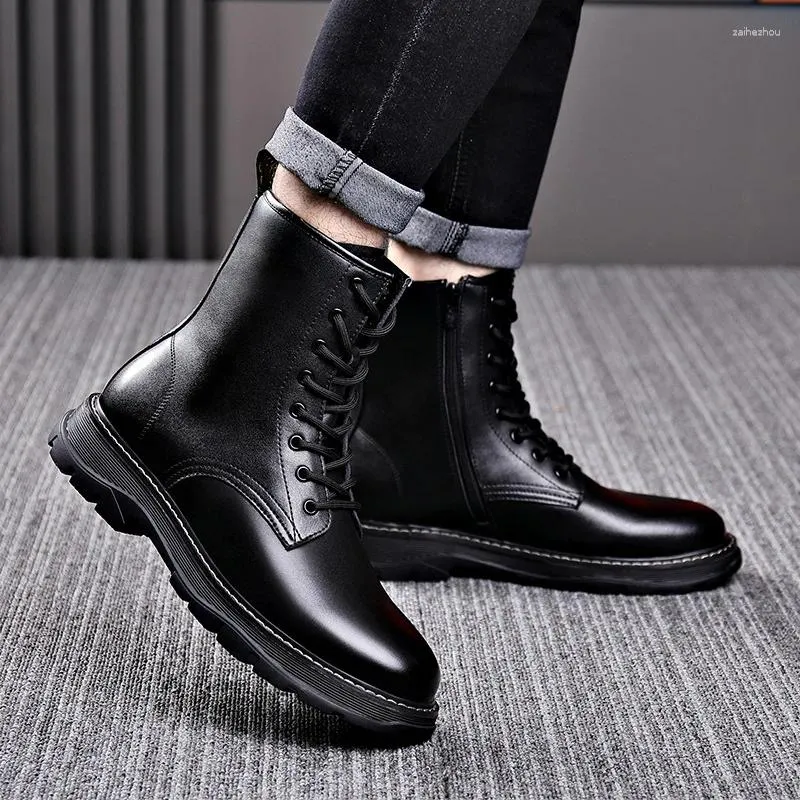 Stövlar män mode original läder höst vinterskor märke designer plattform chunky boot cool hög motorcykel botas maskulinas