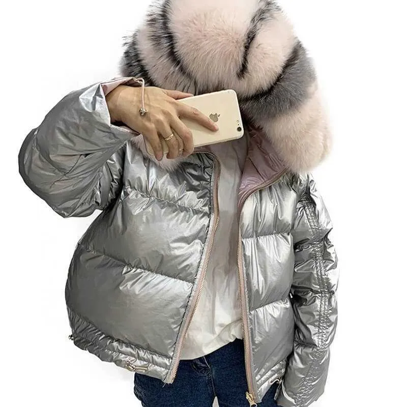 Down Bubble Coats Shiny Womens Großhandel Custom Big Real Fox Pelzbesatz Kapuzen-Pufferjacke