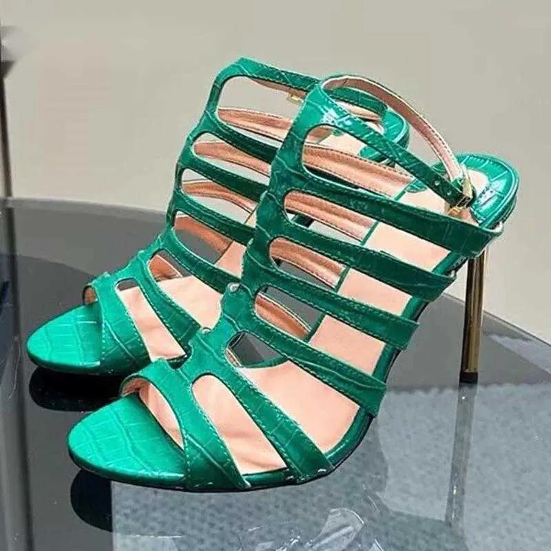 Sandales en cuir véritable bande étroite évider femmes couleurs unies mince talon haut Sandalias été Sexy chaussures de fête romaine