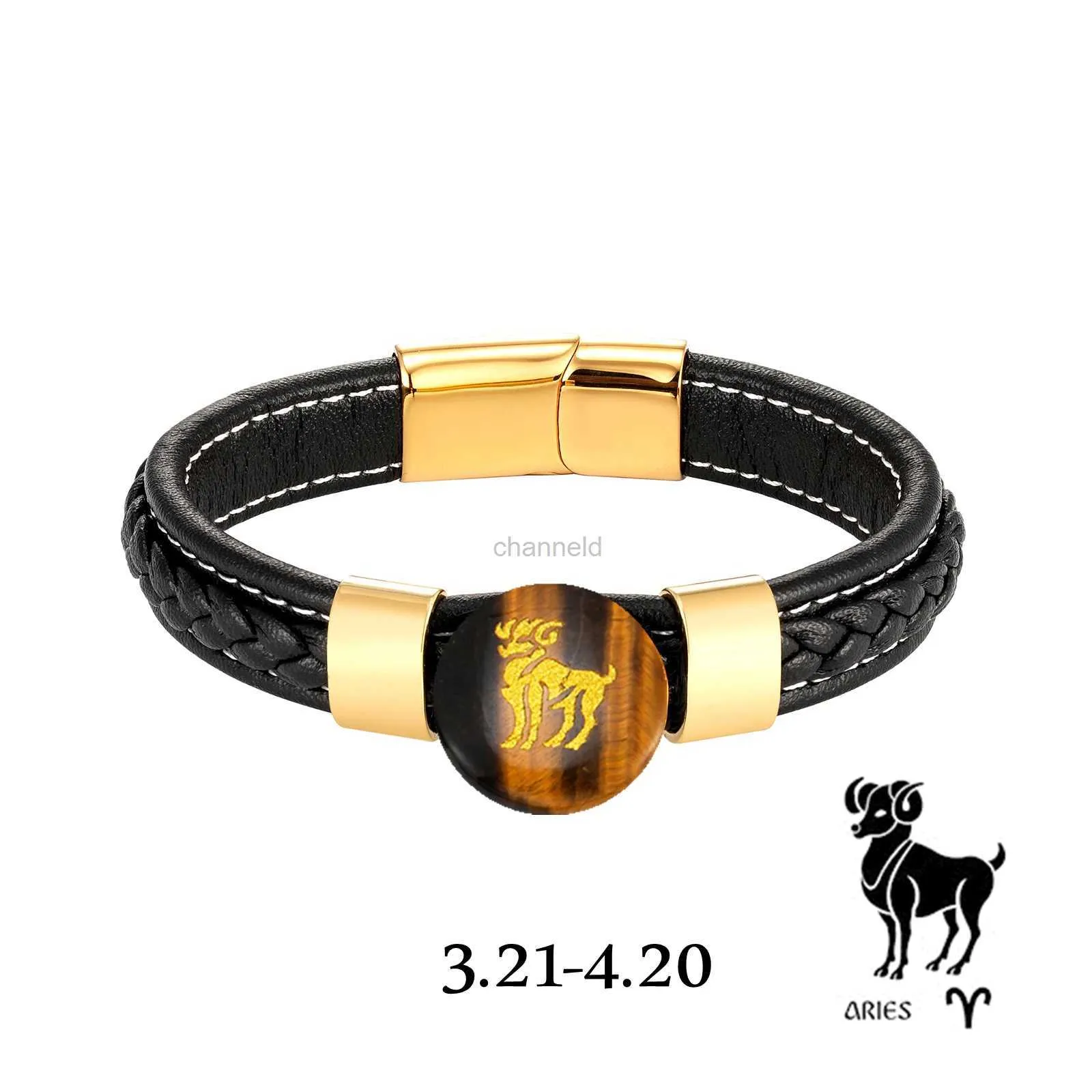 Bangle Natural Tiger Eye 12 constellation Carved Gold Plated Jewelry Vintage Men 316L Stainless Steel Leather Link Classic Bracelet 240319