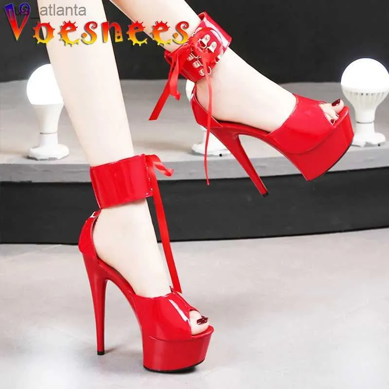 Robe chaussures talons fins rouge adulte strip-teaseuse femmes sandales d'été plate-forme couleur unie bride à la cheville pompes en cuir verni femmes lit h240325