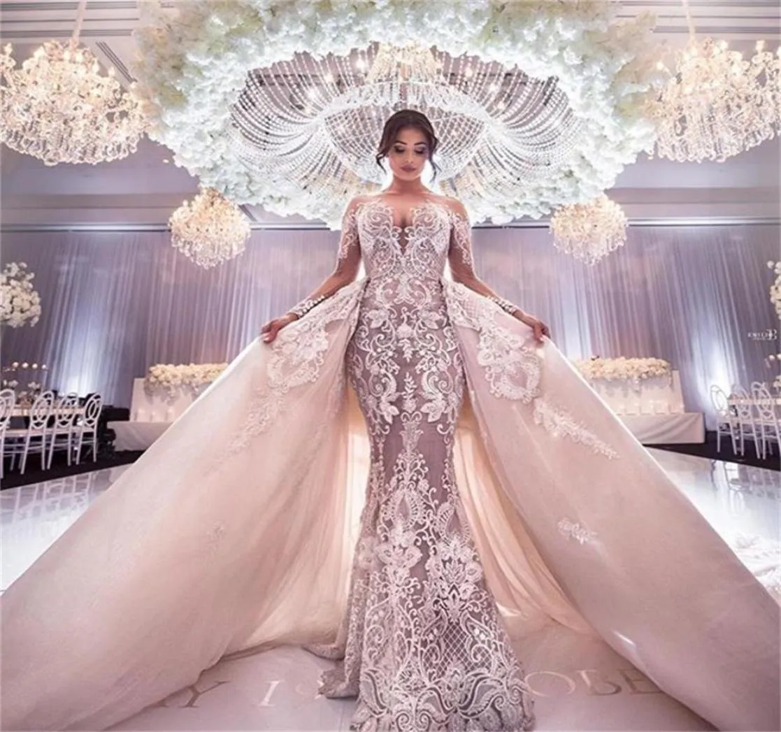 Superbe Arabie Saoudite Dubaï Robes De Mariée Sirène Avec Train Détachable Col Transparent Manches Longues Robes De Mariée Dentelle Appliqued Vest4826543