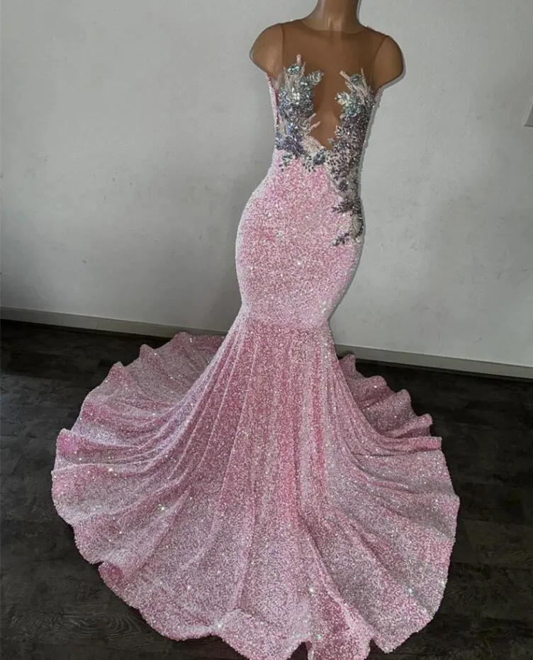 Sequined Glitter Pink Mermaid Long Prom Dresses 2024 for Black Girls Sheer Mesh Top Crystal Beading Rhinestones Sweep Train Birthday Party Gowns 0319