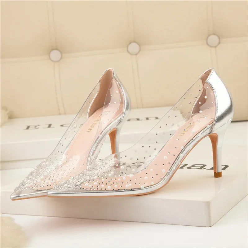 Pompes femmes 8 cm talons hauts paillettes paillettes shorts talons soirée pompes dame mariage argent nuptial pvc escarpins transparent chaussures de fête de fête