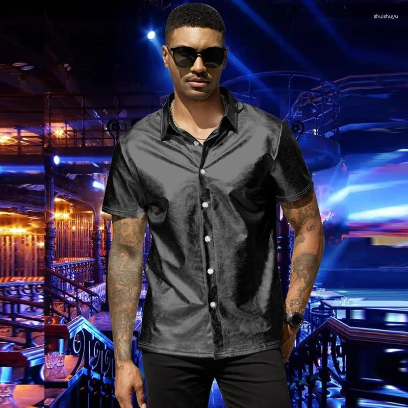 Chemises décontractées pour hommes High Street 2024 Sparkle Discothèque Hommes Vêtements Été Revers à manches courtes Cardigan Tops Mode Sexy Tees