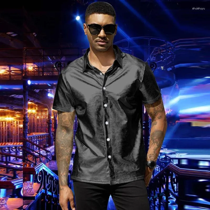 Camisas casuais masculinas High Street 2024 Sparkle Nightclub Homens Roupas Verão Lapela Manga Curta Cardigan Tops Moda Sexy Tees