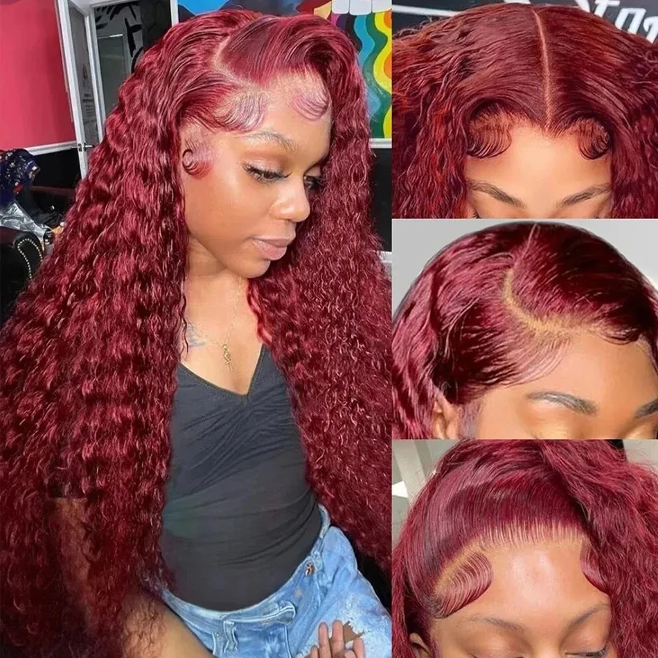 250 Density 99J Burgundy Deep Wave 13x6 HD Lace Frontal Human Hair Wigs Remy Red Colored Curly 13x4 Lace Front Wig for Women