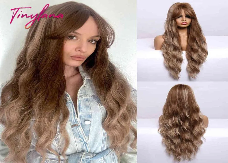 Long Water Wavy Golden Brown Blonde highlight Synthetic with Bangs Wigs For Women Cosplay Heat Resistant Fiber5916048