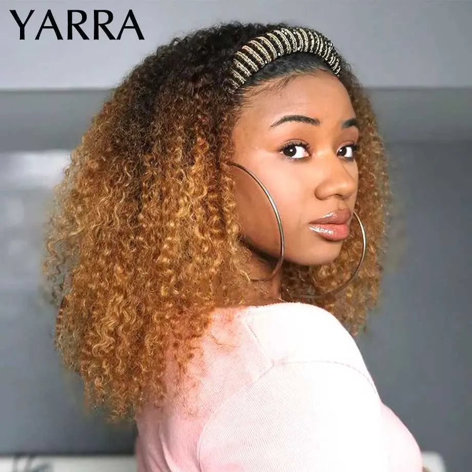 Synthetic Wigs Afro Kinky Curly Headband Wig Human Hair Ombre 1b/30 Remy Brazilian Hair Headband Wigs for Black Women 180% Machine Made Yarra 240329