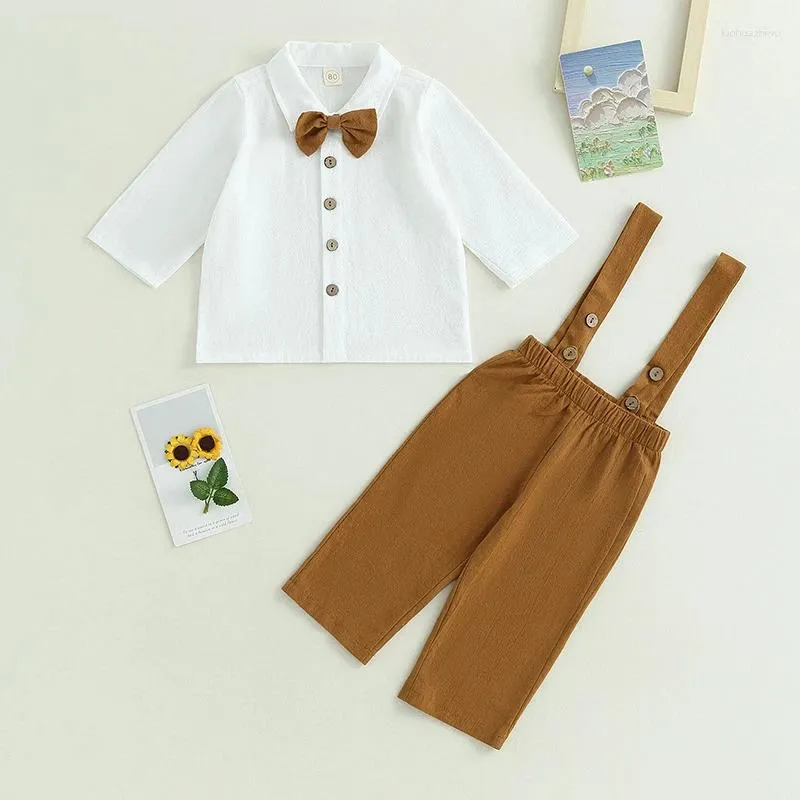 Clothing Sets Kids Boys 2pieces Outfits Long Sleeve Button-down Bow Tie Shirt And Suspender Pants Formal Suit Church Clothes