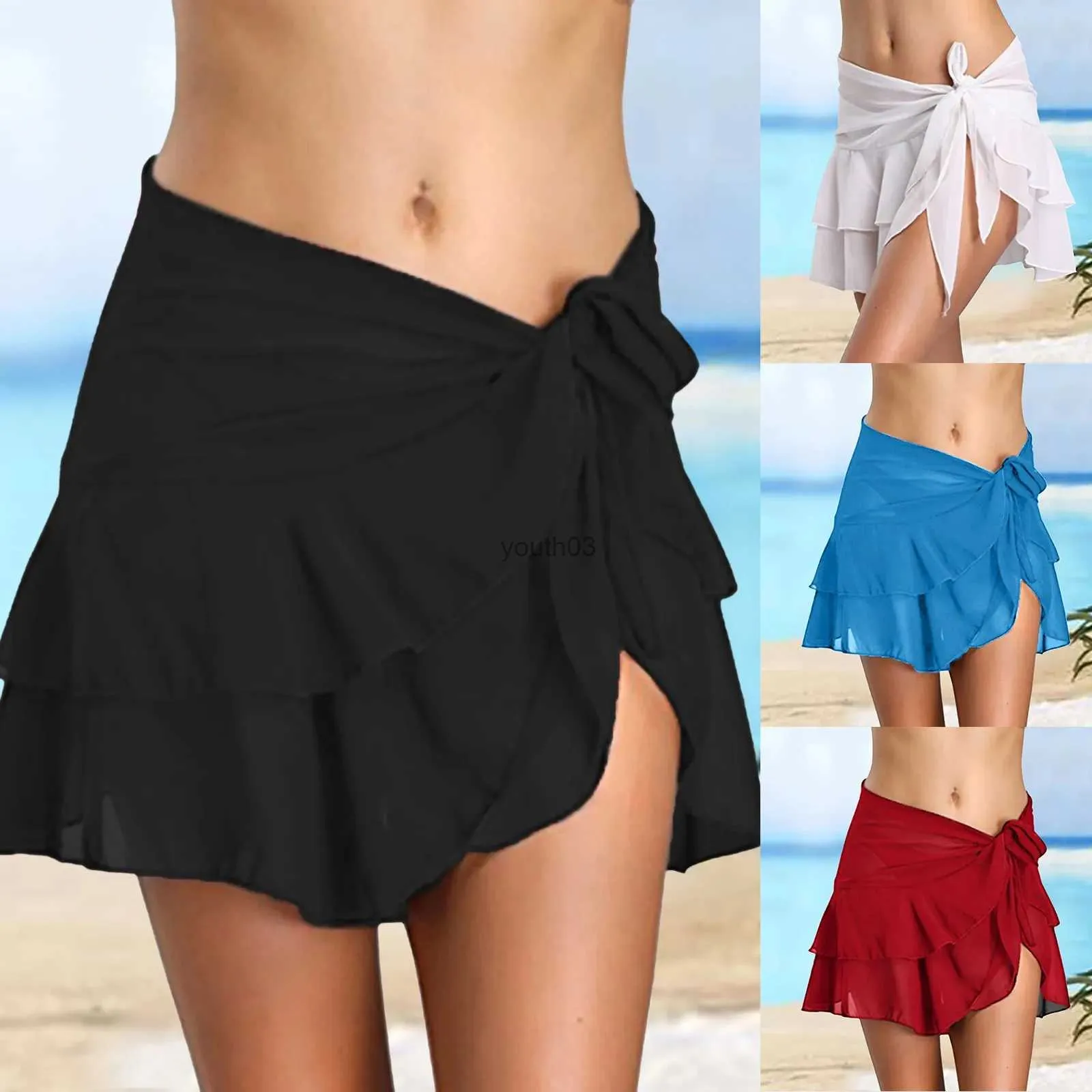 Skirts Skorts Womens Short Sarongs Swimsuit Coverups Beach Bikini Wrap Sheer Mesh Stitching Short Skirt Chiffon Scarf Cover Ups for Swimwear 240319