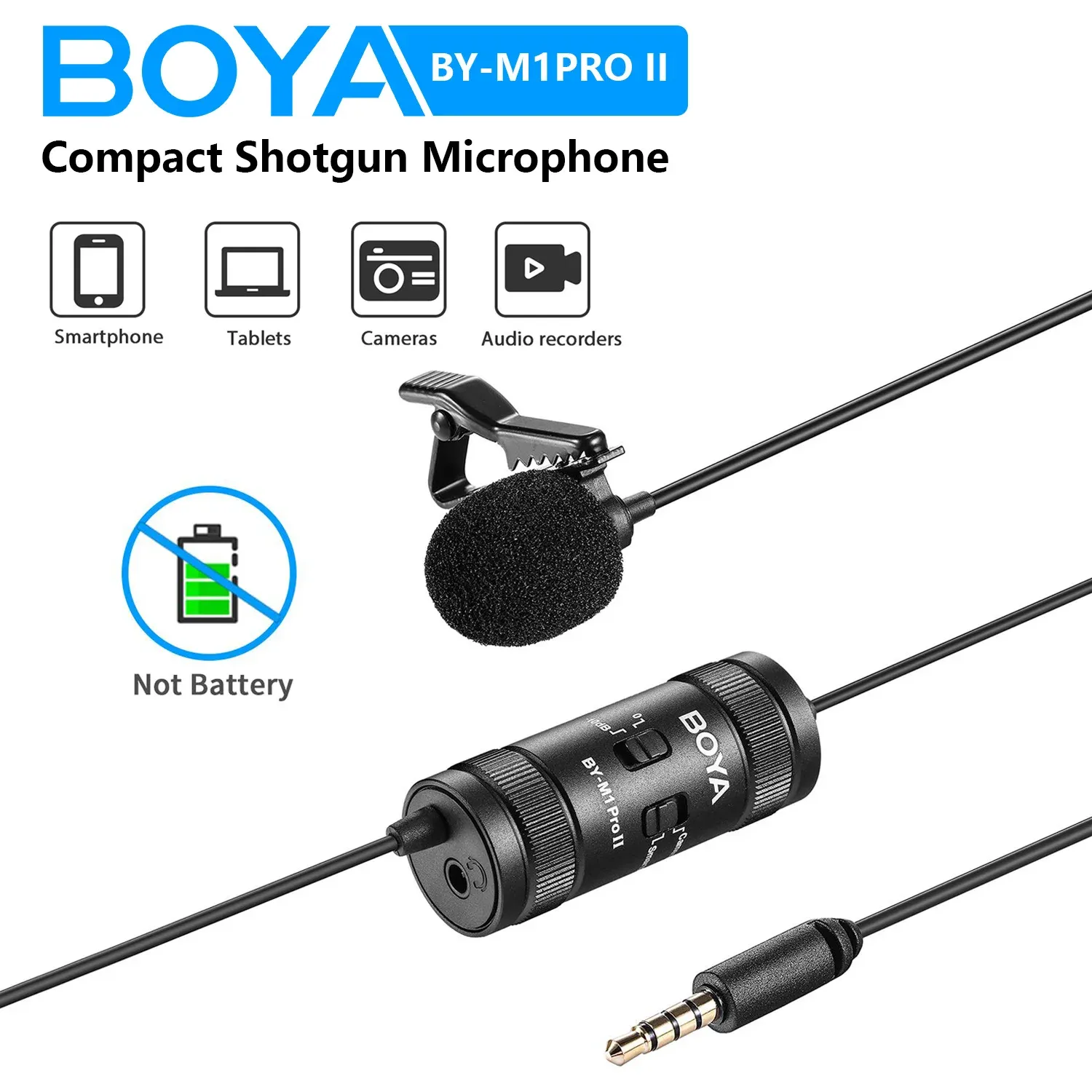 Microphones Boya BYM1 Pro II 6M 3,5 mm TRRS Kondensor Lavalier Lapel Microphone för PC iPhone Xiaomi Android DSLRS -kameror YouTube -streaming