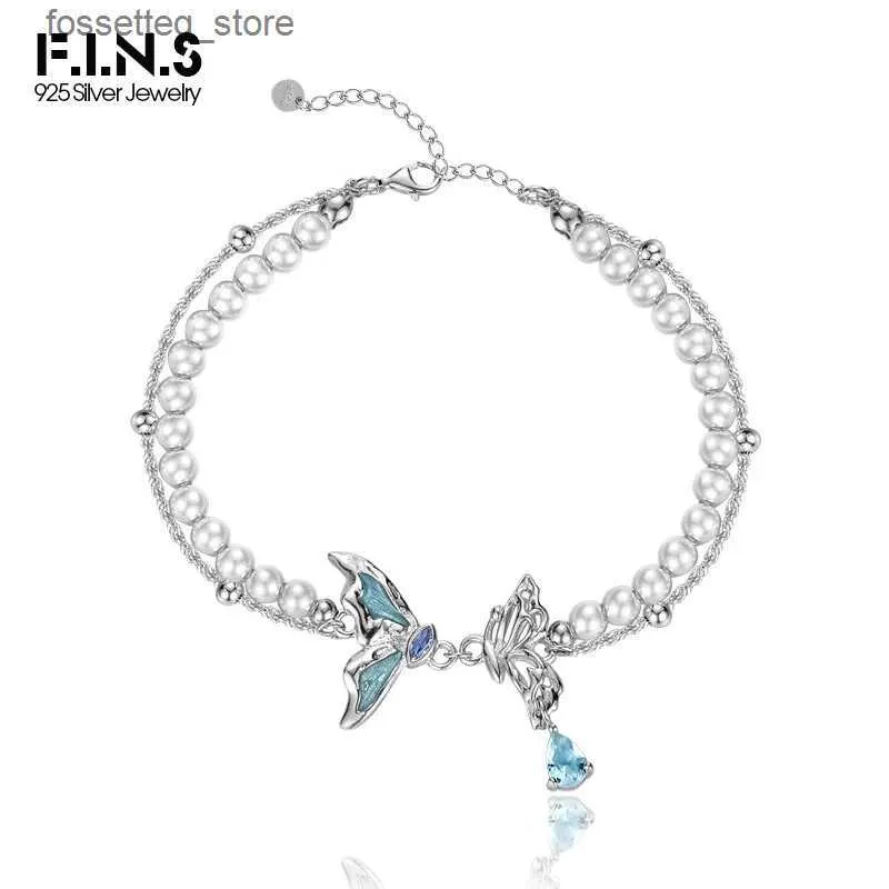 Charmarmband F.I.N.S elegant S925 Sterling Silver Emalj Butterfly Women Handgjorda pärlblå zirkon dubbelskikt hand fina smycken L240319