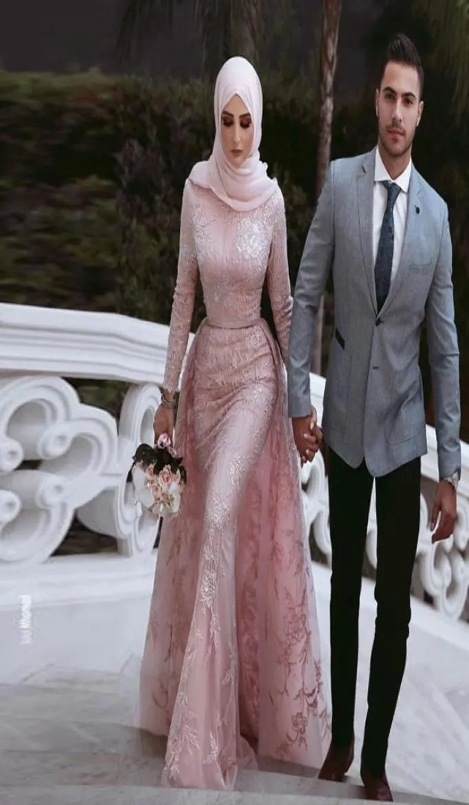 Charming Mermaid Muslim Evening Dresses Hijab Lace Appliques Elegant Special Occasion Dresses Long Sleeve Arab Middle East Prom Dr6343987