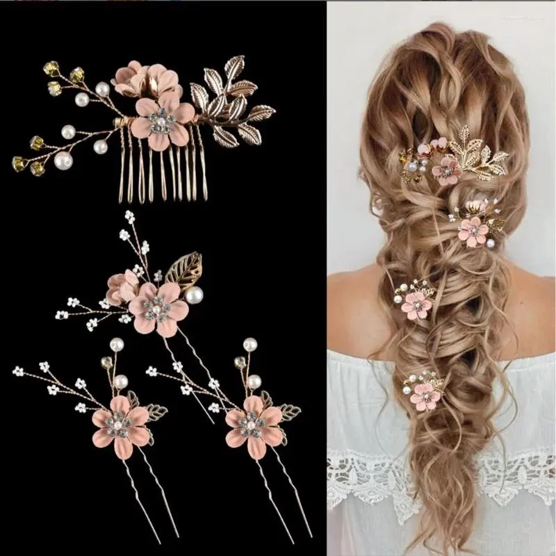 Fermagli per capelli Accessori da sposa Pettine squisito Elegante forcina per fiori con perle finte Set laterale per la sposa da sposa dorata