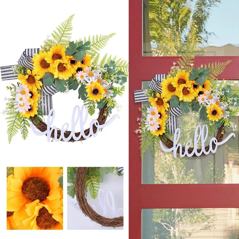 Decoratieve bloemen 17,7 inch kunstmatige zonnebloemslinger esthetische plastic lentekrans voor vakantie bruiloftsfeest