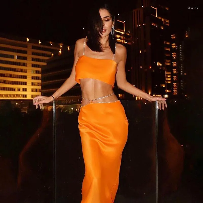 Work Dresses Autumn 2024 Orange Color Women Two Pieces Sets Metal Decorative Sling Tops Long Skirt Fashion Casual Suits
