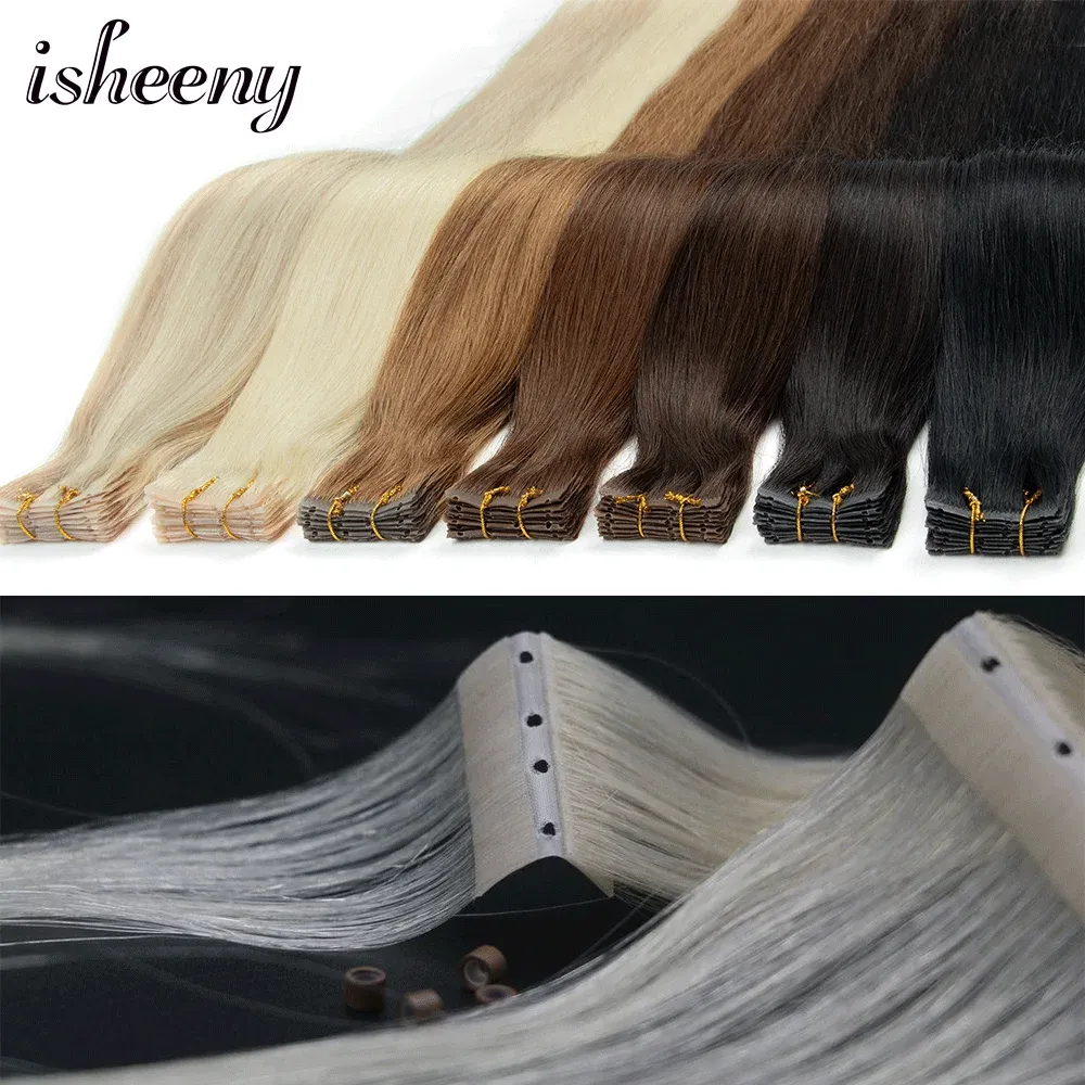 Extensions isheeny Extensions de cheveux humains à tirer à travers le ruban adhésif 16" 20" Micro perles blondes Machine Remy Twin Tab Extensions de cheveux 10 pièces/paquet